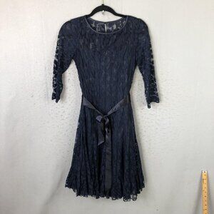 Teri Jon Dress Womens 4 Navy Lace Fit Flare 3/4 Sleeve Cocktail Party Wedding